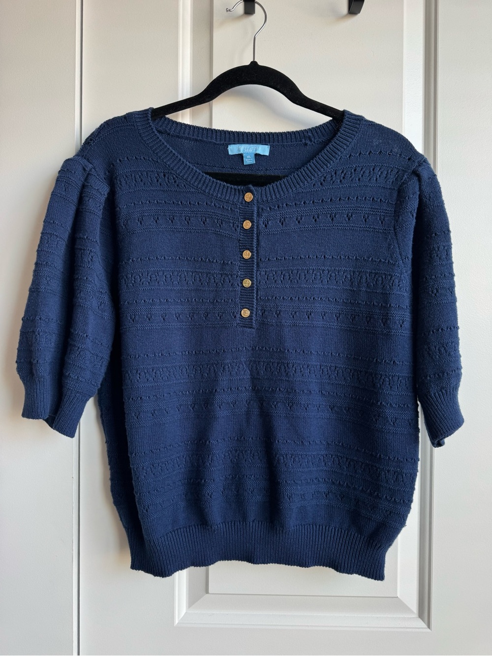 Draper James RSVP Navy Blue Pointelle Short Sleeve Henley Sweater XL